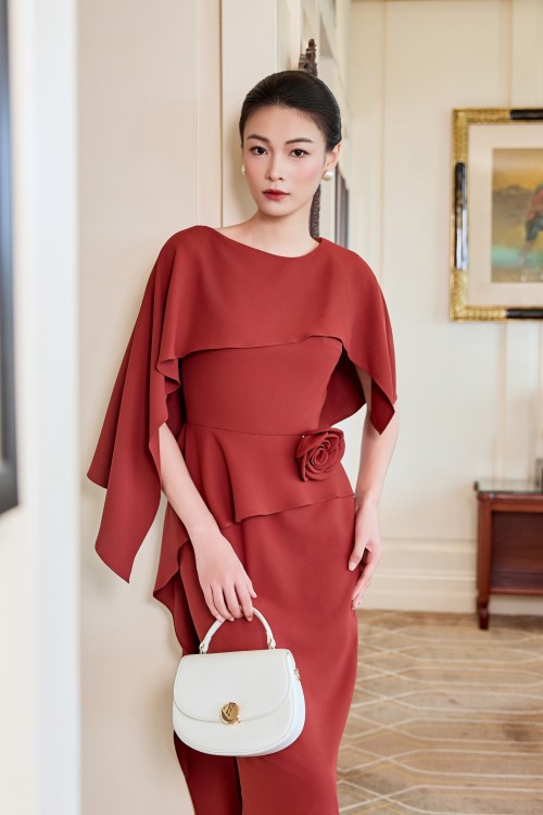 Sixdo Russet Woven Pencil Dress With Flower